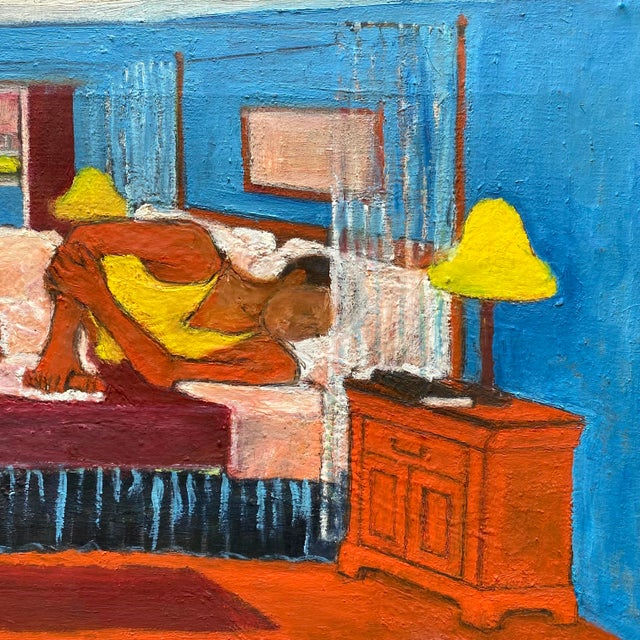 Matisse Style Vintage Mid Century Modernist " Bedroom, Afternoon Napping " Framed Original Post-Impressionist Impasto Oil Painting on Linen For Sale - Image 15 of 18