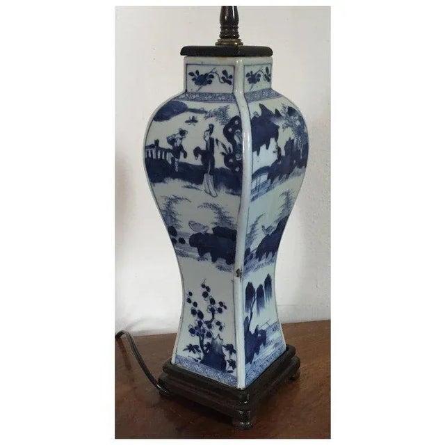 19th Century Antique 19th Century Chinese Blue & White Porcelain Vase Decorated With Figures in Landscape Representing the Four Seasons Mounted as a Lamp For Sale - Image 5 of 11