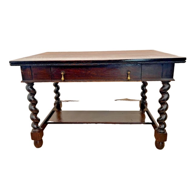 Antique Barley-Twist Tiger Oak Library Desk Writing Table Jacobean Revival Shelf For Sale - Image 4 of 13