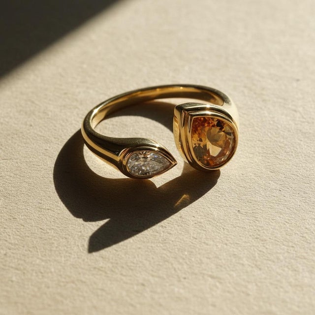 Modern Toi Et Moi Gemstone Ring: Citrine and Moissanite, Size 7.5 For Sale - Image 3 of 9