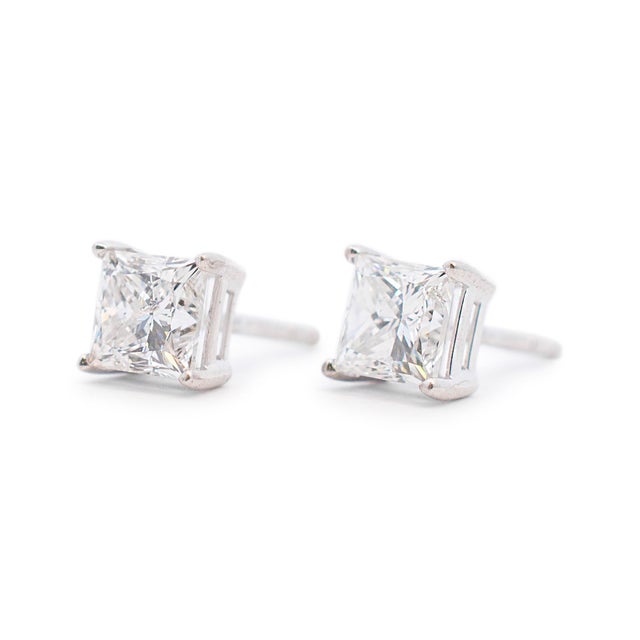 Modern Ladies 18k White Gold 2.01ct. Princess Cut Diamond Stud Earrings - 2 Pieces For Sale - Image 3 of 8