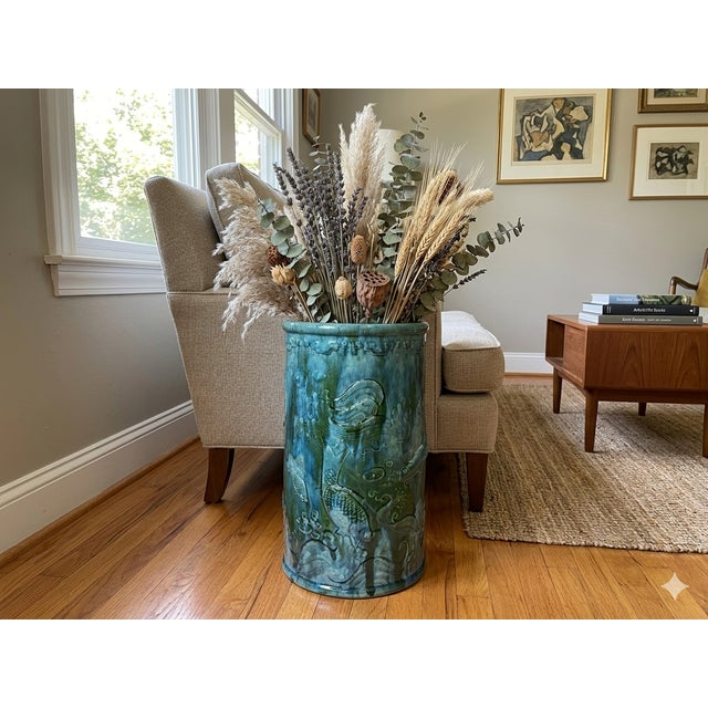 Vintage Distressed Marks Turquoise Green Lotus Fishes Ceramic Holder For Sale - Image 11 of 14