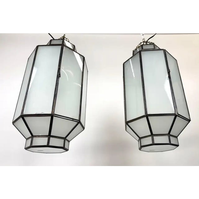 Art Deco 1990s Art Deco Style Frosted White Milk Glass & Bronze Octagonal Pendant - a Pair For Sale - Image 3 of 15