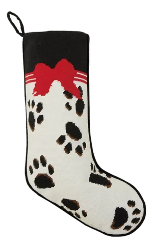 Dog Black Paws On White Embroidered Needlepoint Stocking