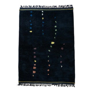 Midnight Black With Multicolor Linear Dot Pattern Handmade-To-Order Moroccan Wool Rug - 8x10 Ft For Sale
