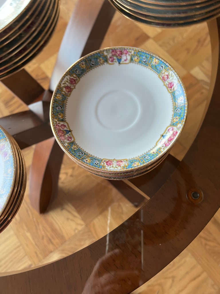 1920s Limoges France Mf Roses, Blue, Gold Rim Dinner Set & Serving