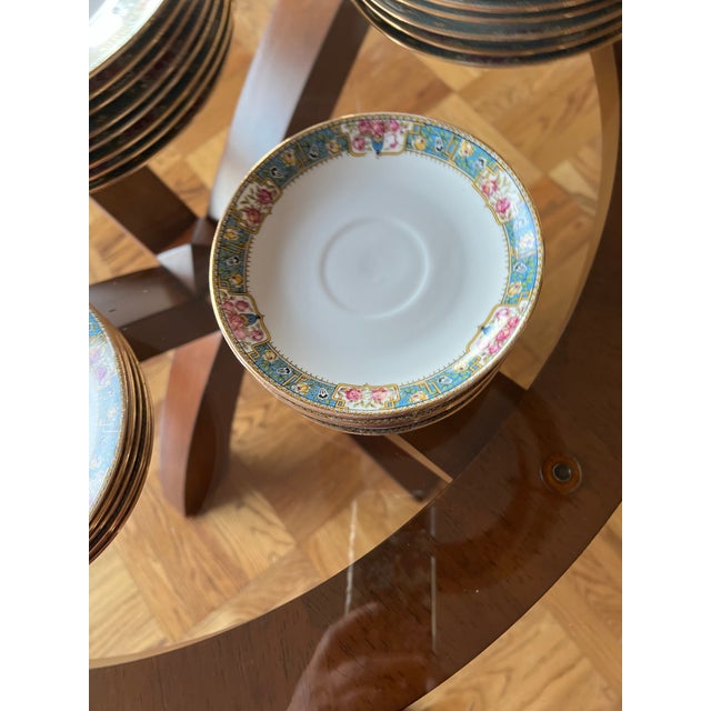 1920s Limoges France Mf Roses, Blue, Gold Rim Dinner Set & Serving