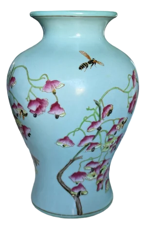 Vintage Chinese Famille Rose Meiping Vase – Porcelain With Cherry Blossoms & Bumblebees