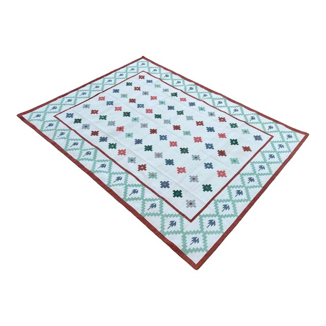 Handmade Cotton Flat Weave Area Rug, Star Patterned White Green & Terracotta Dhurrie - 6'x9' For Sale