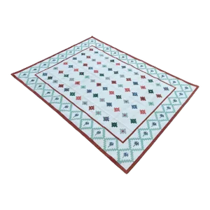 Handmade Cotton Flat Weave Area Rug, Star Patterned White Green & Terracotta Dhurrie - 6'x9'