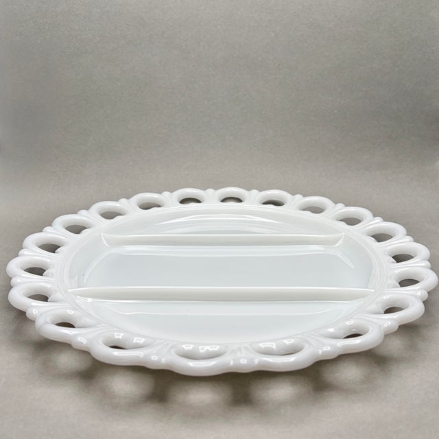 Vintage Anchor Hocking “Old Colony” White Milk Glass Divided Serving Platter With Open Lace Heart Border For Sale In New York - Image 6 of 8