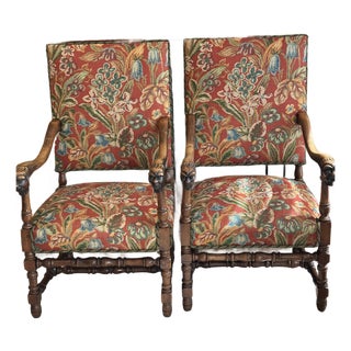 Antique Louis XIII Carved Walnut Fauteuils Figural Mask Arms - Pair For Sale