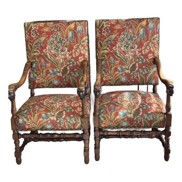 Antique Louis XIII Carved Walnut Fauteuils Figural Mask Arms - Pair For Sale
