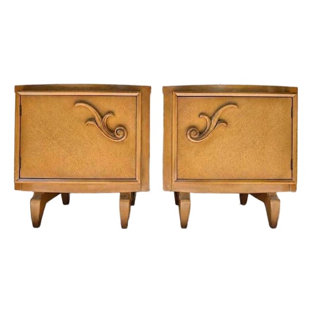 Vintage Hoke Mid Century End Tables – 1960s MCM Bedside Cabinets - Cottagecore, Sculpted Wood For Sale