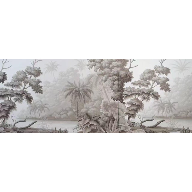 Asian 36" * H108" *6ps, Hand-Painted Retro Grey Tone Palm Rainforest Wall Mural, Low-Saturation Misty Tropical Plant Wall Covering For Sale - Image 3 of 9