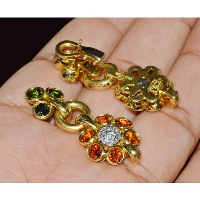 Authentic Vintage Piero Milano 5.40Cts Natural Spessartite Garnet Green Tourmaline Diamond Solid 18k Gold Earrings, Pair For Sale - Image 4 of 16