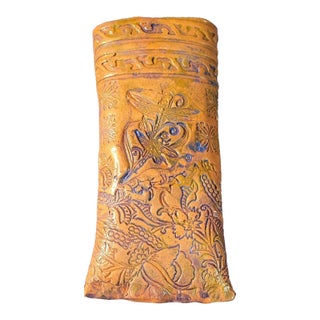 Handmade Ceramic Wall Pocket Vase Embossed Floral Design Glossy 9"x4" VTG For Sale