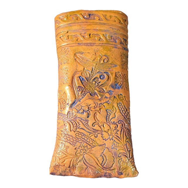 Handmade Ceramic Wall Pocket Vase Embossed Floral Design Glossy 9"x4" VTG For Sale