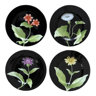 1978 Fitz and Floyd Fleur De Minuit Salad Plates 7.5 Inch Black Floral Vintage - Set of 4 For Sale