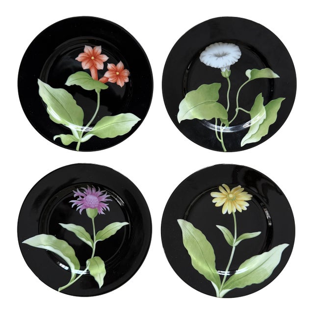 1978 Fitz and Floyd Fleur De Minuit Salad Plates 7.5 Inch Black Floral Vintage - Set of 4 For Sale