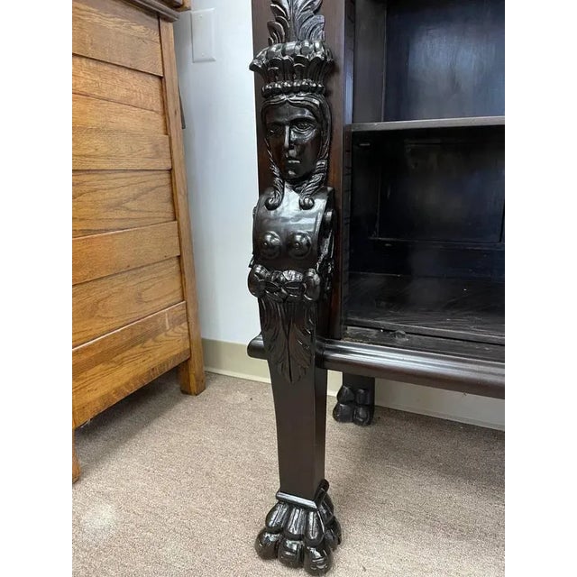 Refinished Antique Walnut Display Cabinet, Burl Inlay, Hand Carved + Blown Glass For Sale - Image 10 of 11