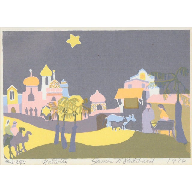 "Nativity" Modernist Landscape Screenprint in Ink on Paper Whimsical modern landscape silkscreen print of the nativity...