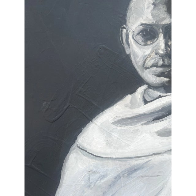 1980s Vintage Portrait of Gandhi on Wooden Board Oversized For Sale - Image 5 of 12