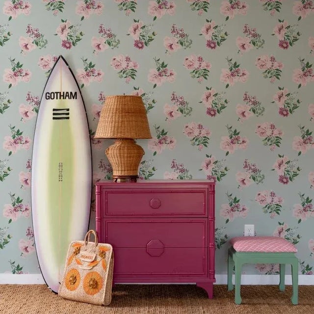 A sample of Swans Island Sky Blue Wallpaper Care Instructions: Wipe with damp cloth.