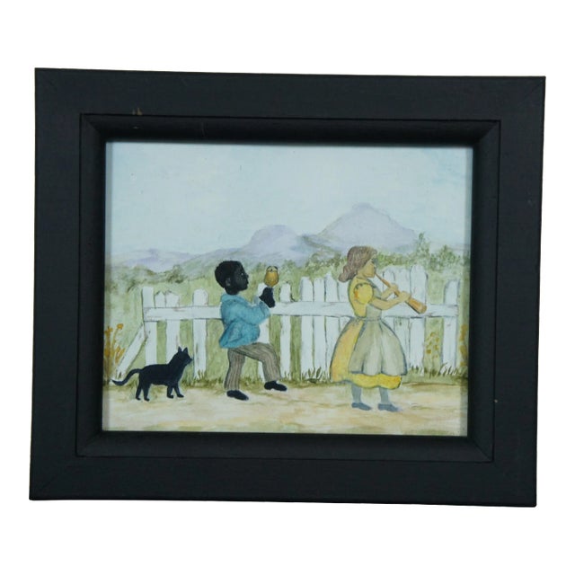 Antique Folk Art Watercolor Painting Children With Cat Instruments Framed For Sale