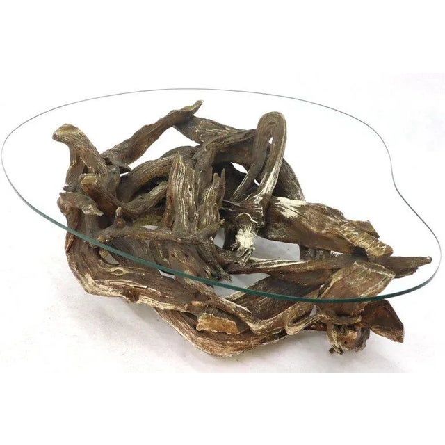 Mid-Century Modern very nice example of natural driftwood kidney shape coffee table. Nice gesso wash and stain two-tone...
