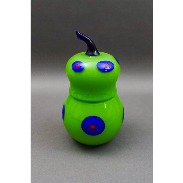 Shafaq Malik B.A.G. Czech Borovier & Toso Green Art Glass Pear Candy Jar Container. Measures approximately 5" diameter, 9...