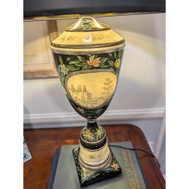 Large Vintage Hand-Painted Chinoiserie Black Lacquer Urn Table Lamp For Sale - Image 10 of 10