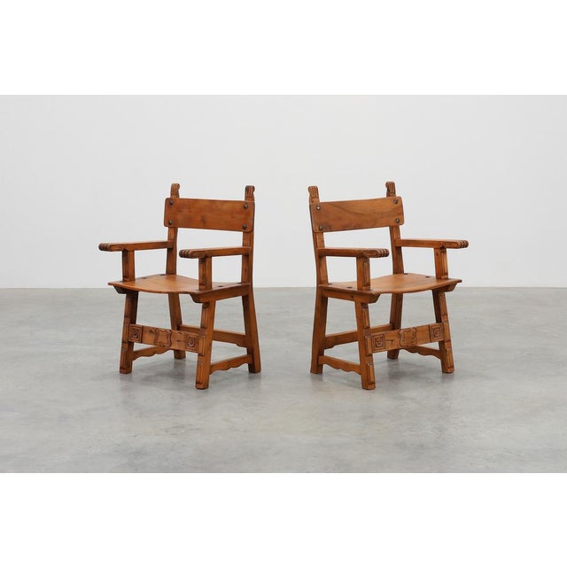 Rustic Carved Oak Iberian Side Chair, Spain, 1900 For Sale - Image 12 of 15