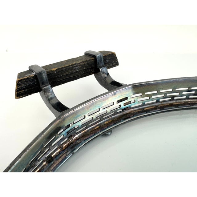 1960s Mid 20th Century Silverplate Gallery Tray With Cut Glass Starburst Design and Wood Handles For Sale - Image 5 of 8
