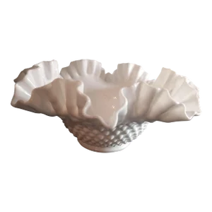1960s Milk Glass Hobnail Crimped Ruffled Edge Decorative Bowl