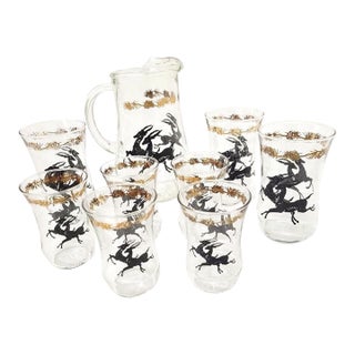 1960s Mid Century Modern Barware 8 Glasses Pitcher Set Gazelle Supper Club Bar Cart Drinkware - 9 pcs For Sale
