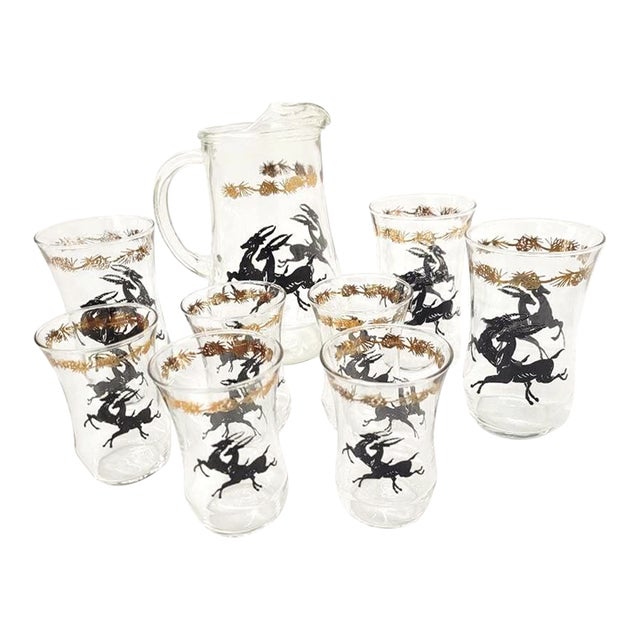 Neo Deco Barware 8 Glasses Pitcher Set Gazelle Supper Club Bar Cart Drinkware For Sale