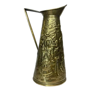 Mid 20th Century English Traditional Embossed Pub Scene Brass Pitcher