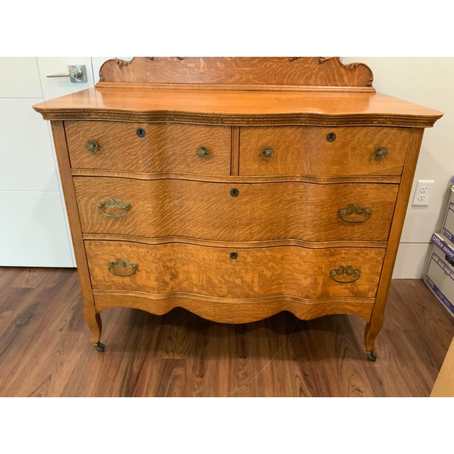 Victorian 1890s Antique Serpentine Tiger Oak Dresser With Mirror Obo For Sale - Image 3 of 14