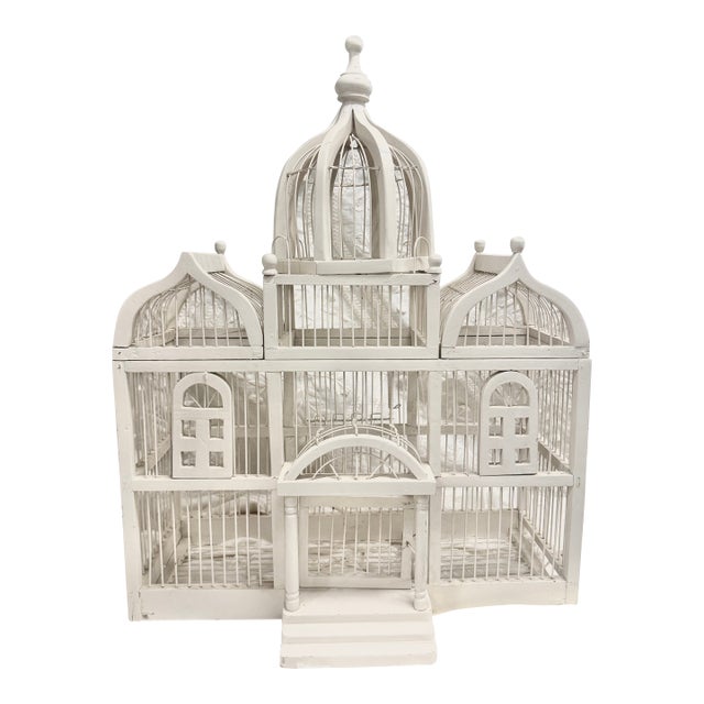 1960s Architectural White Decorative Birdcage With Domed Pavilion Silhouette For Sale