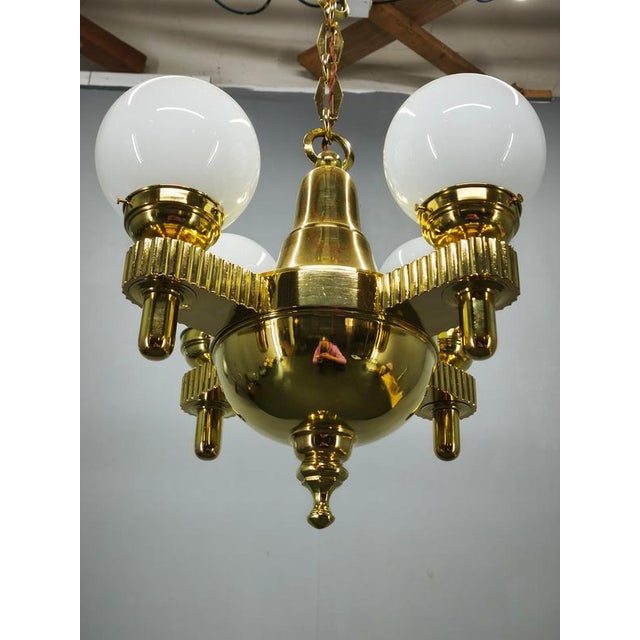 Vintage Czech Art Deco Brass and Opaline Glass Globe Pendant Light, 1920s For Sale - Image 12 of 15