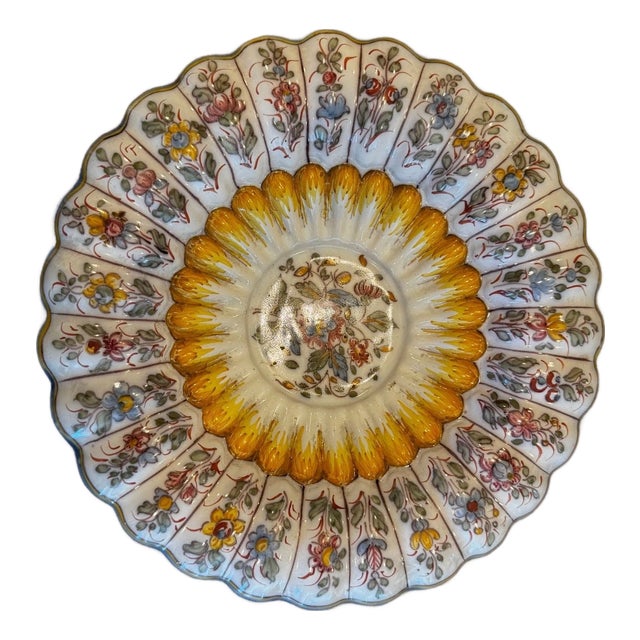 Late 20th Century Large 13.5" F.C. Constancia Portugal Hand Painted Floral Charger Plate Scalloped For Sale