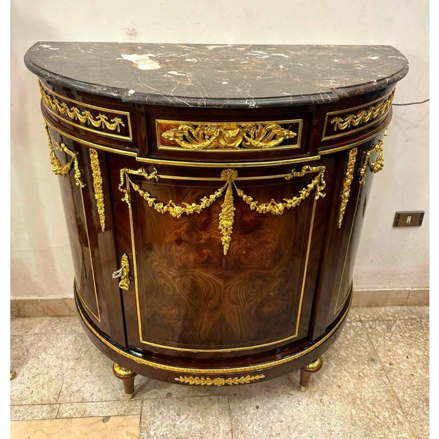 2020s French Louis XVI Marble Top Demilune Sideboard Cabinet With Hand-Finished Gold Leaf & Premium Hardwood For Sale - Image 5 of 5