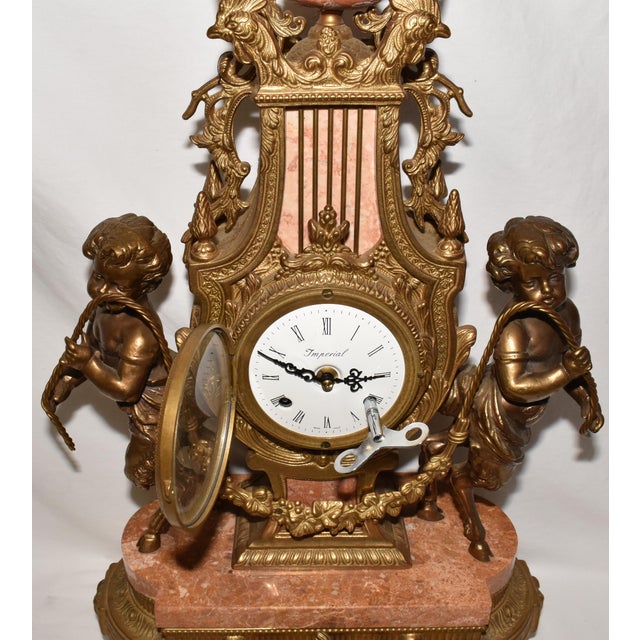 Brevettato Italian Baroque Style Brass Marble 8Day Mantel Clock With Key Hour/Half Hour Chime