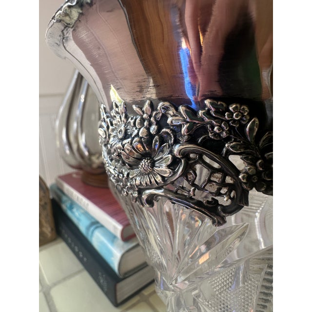 Metal American Brilliant Cut Crystal Vase With Sterling Silver Neck Collar in Ornate Repousse Floral Design For Sale - Image 7 of 11
