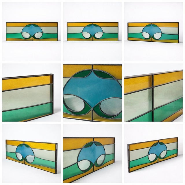 Vintage Geometric Stained Leaded Glass Window Panel For Sale - Image 3 of 12