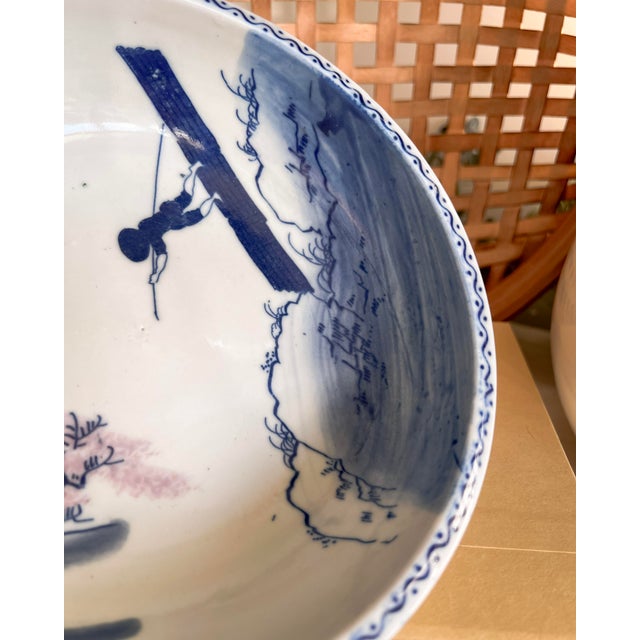 Antique Blue & White Hand-Painted Porcelain Bowl With Fisherman Scene For Sale - Image 9 of 10