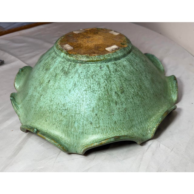 Large Antique Handmade North Carolina Us Green Glaze Centerpiece Pottery Bowl For Sale - Image 12 of 14
