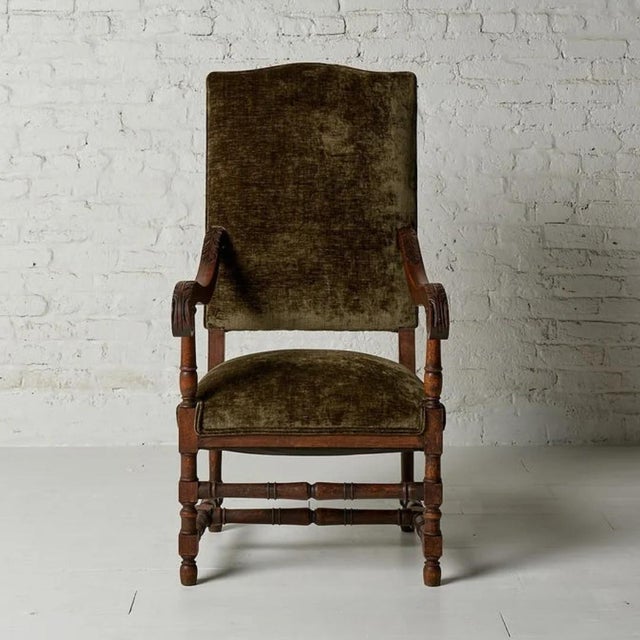 Traditional 1920s Flemish Velvet & Oak Armchair For Sale - Image 3 of 8