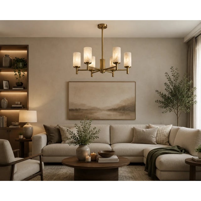 Handcrafted Brass 6-Light Chandelier With Natural Alabaster Shades, Dining Room Chandelier, Kitchen Island Lighting For Sale - Image 4 of 9